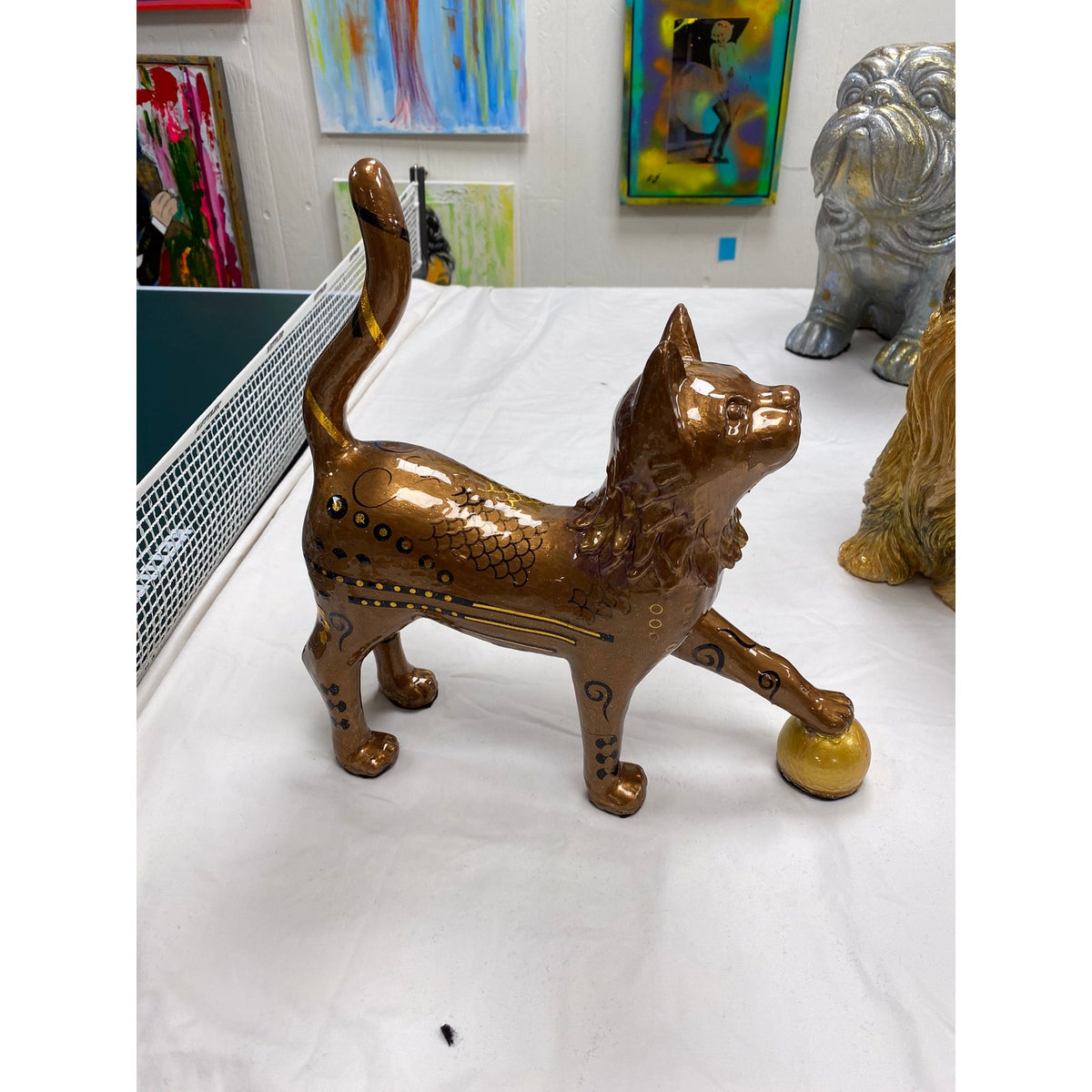 Large 3D Printed Cat Statue Resin Coated Bronze Copper Finish Gold Ball 16in