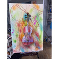 Original Mixed Media Violin Wall Art Abstract Rainbow Music Painting Canvas
