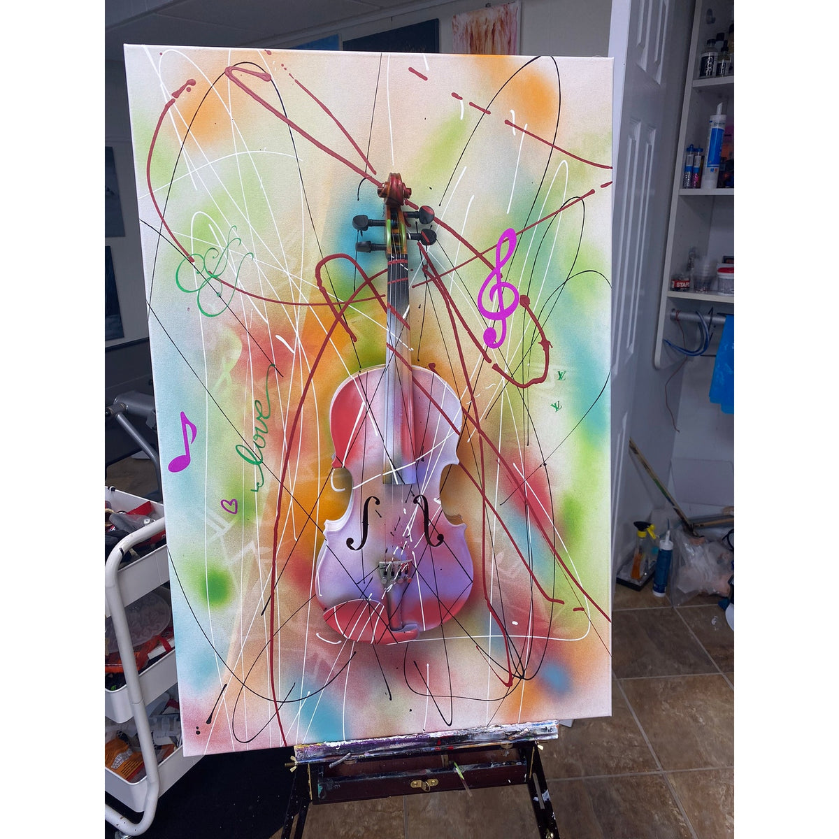 Original Mixed Media Violin Wall Art Abstract Rainbow Music Painting Canvas