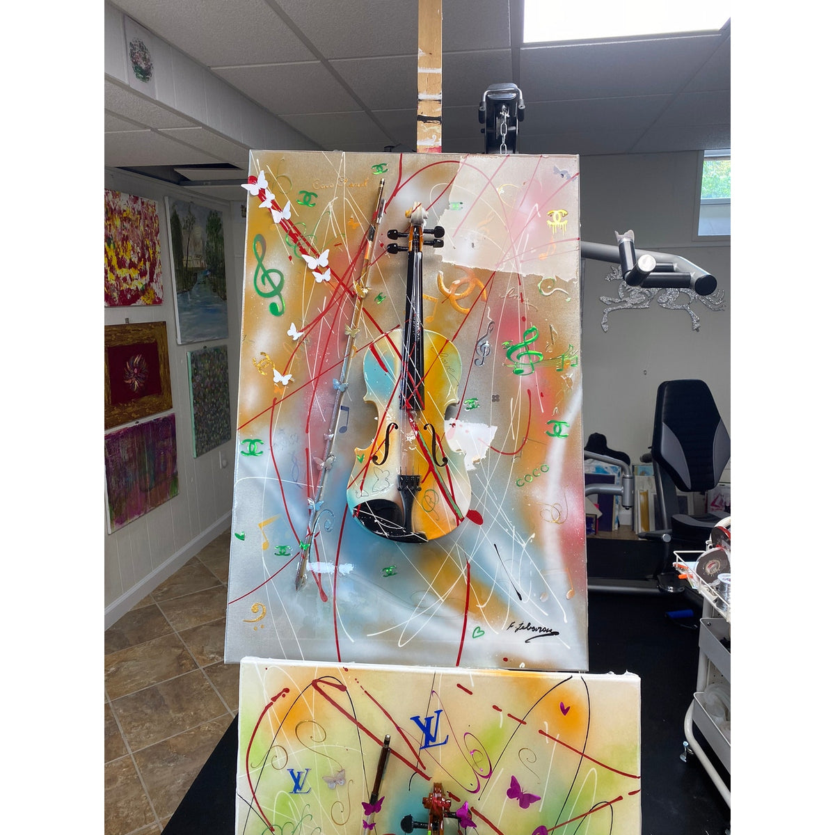 Original 3D Mixed Media Violin Wall Art Abstract Splatter Music Painting Pastel