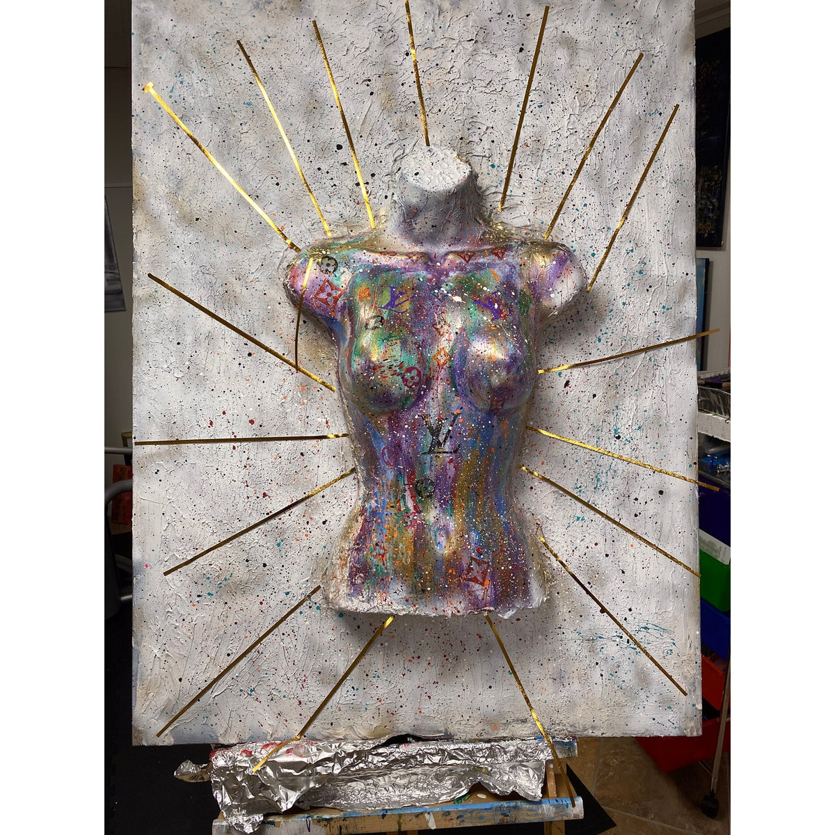 Original Mixed Media 3D Wall Art Sculpted Female Torso Iridescent Relief Panel