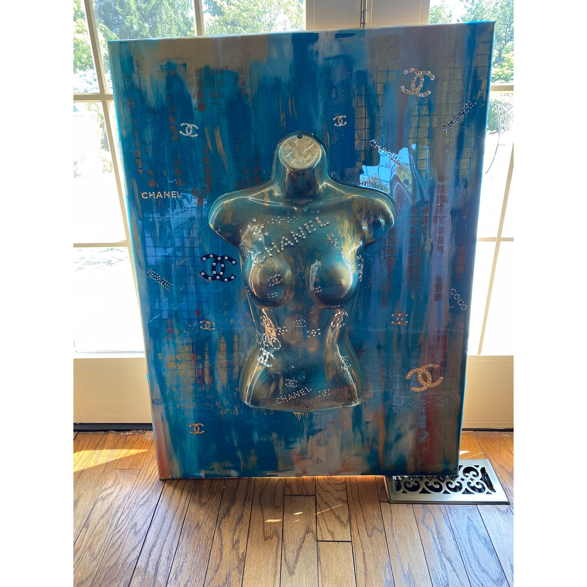 Original Mixed Media 3D Wall Art Sculpted Female Torso Blue Bronze Relief Panel