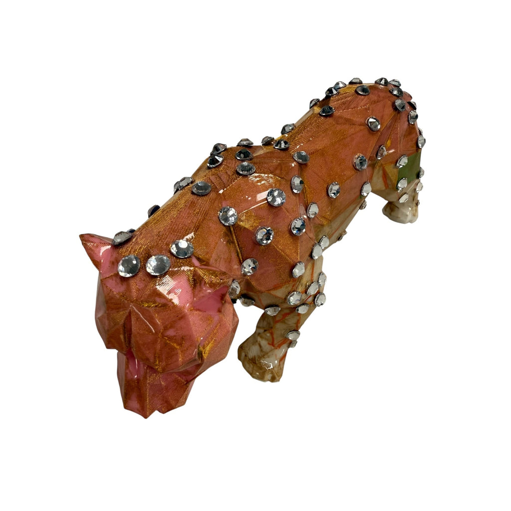 Geometric Leopard Statue Rhinestone Crystal Big Cat Sculpture Faceted Decor 7in