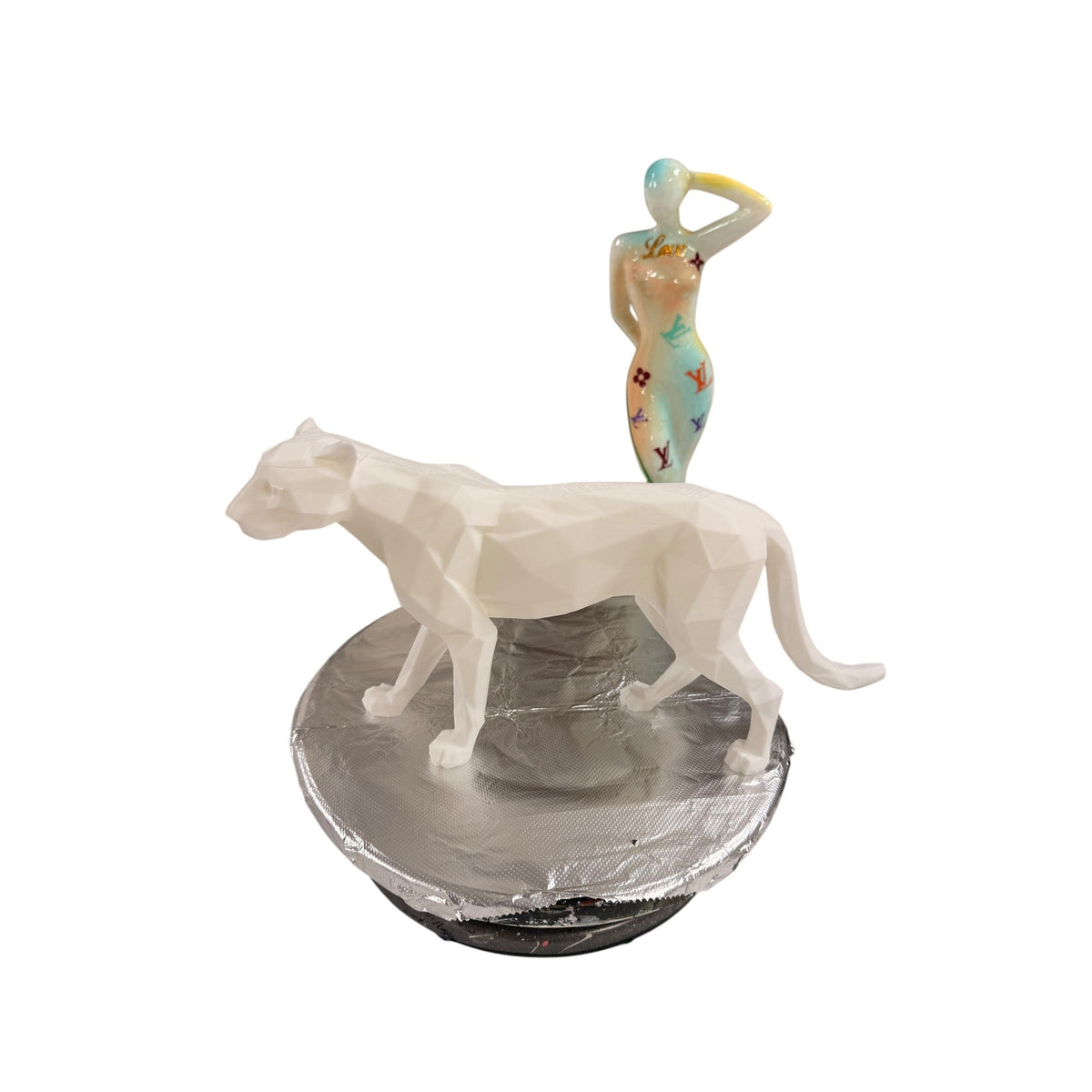 Handmade 3D Printed Panther Sculpture with Dancer Figure Resin Art Statue 15"