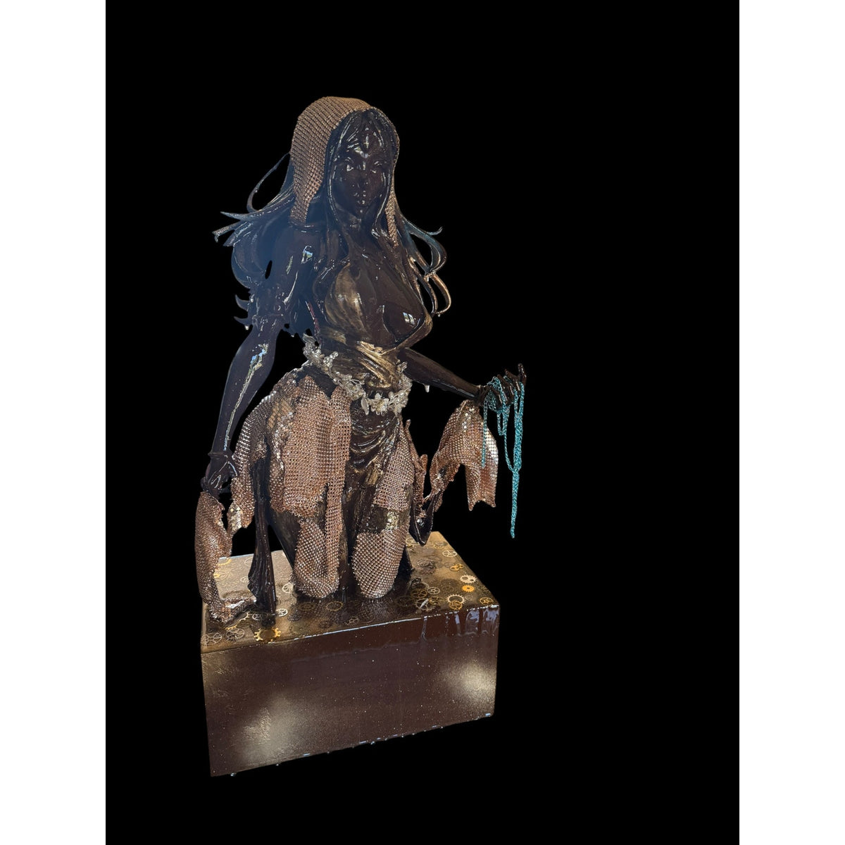 Kneeling Veiled Goddess Art Sculpture Bronze Finish Mesh Drapery Resin Statue