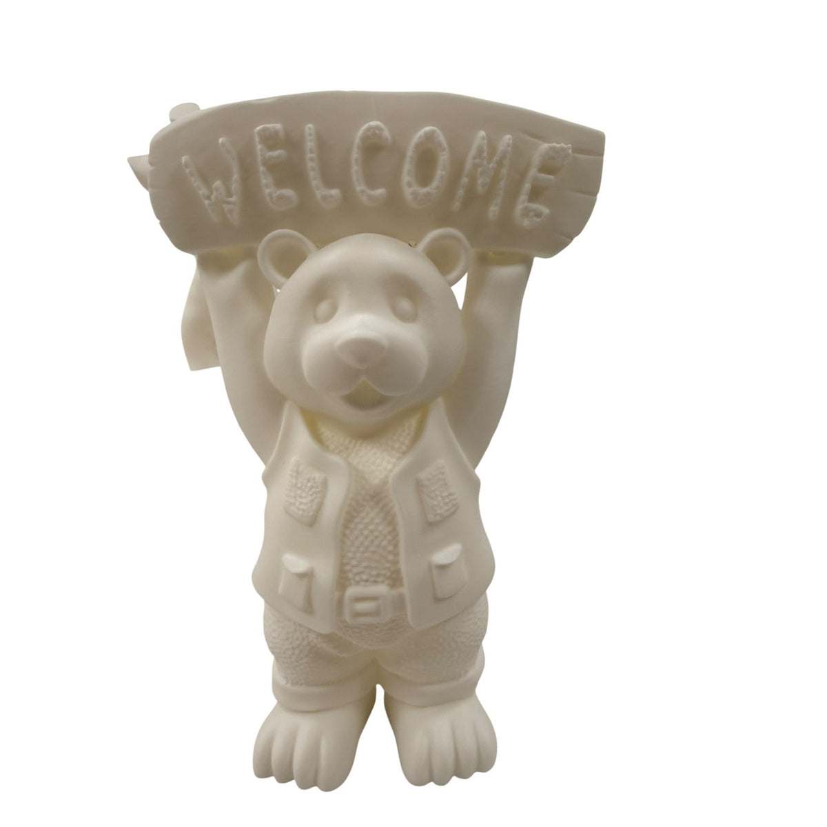Handmade 3D Printed Welcome Bear Statue White Resin Coated Sign Sculpture 15"