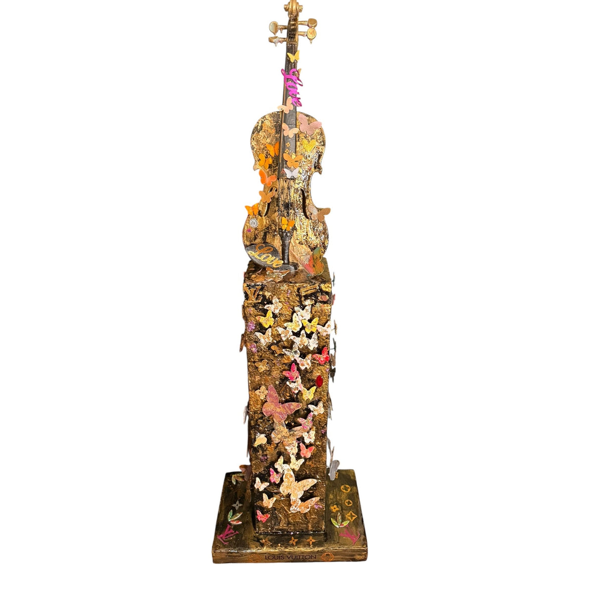 Handmade Resin Butterfly Tower Sculpture Topped with Real Violin Mixed Media Art