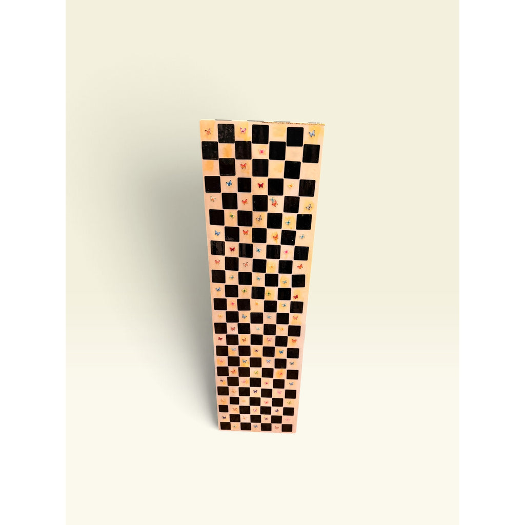 Checkered Wood Pedestal Stand 36in Hand Painted Resin Glass Butterfly Art Column