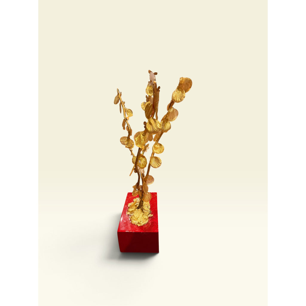 Gold Leaf Metal Tree Sculpture Resin Coated Butterflies Red Base Handmade Art