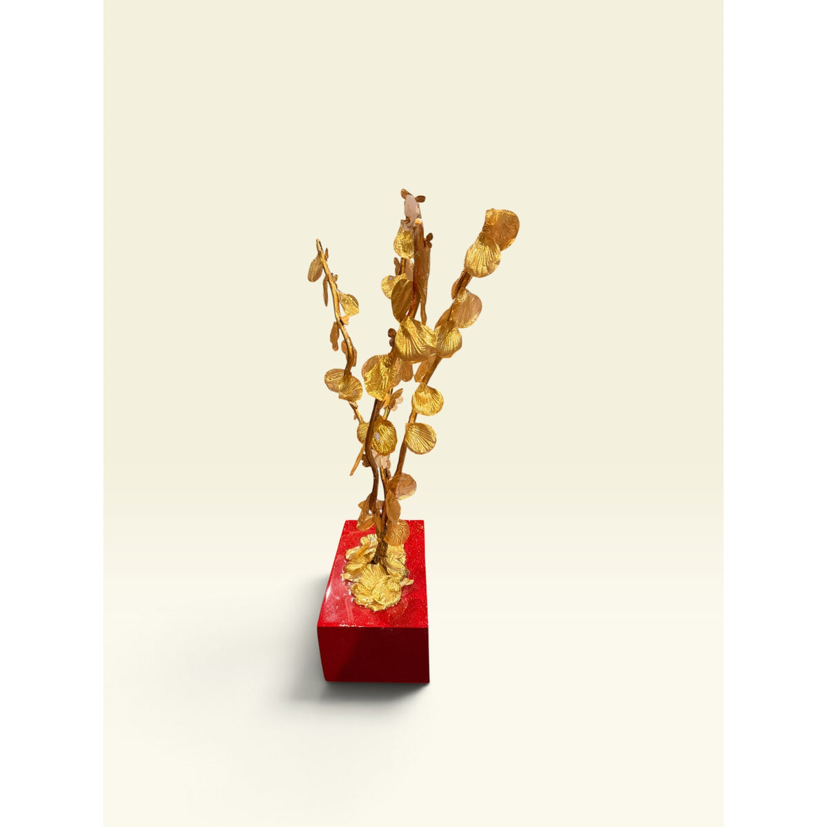 Gold Leaf Metal Tree Sculpture Resin Coated Butterflies Red Base Handmade Art