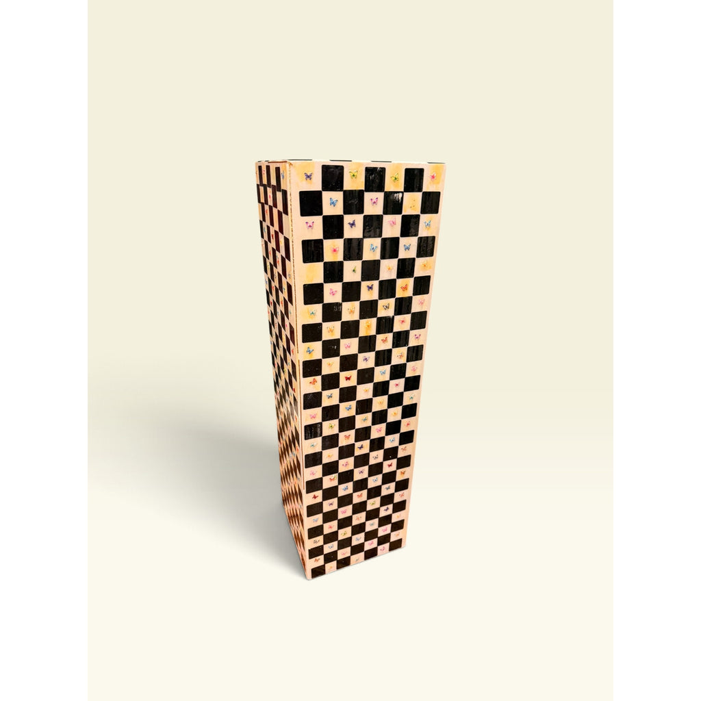 Checkered Wood Pedestal Stand 36in Hand Painted Resin Glass Butterfly Art Column