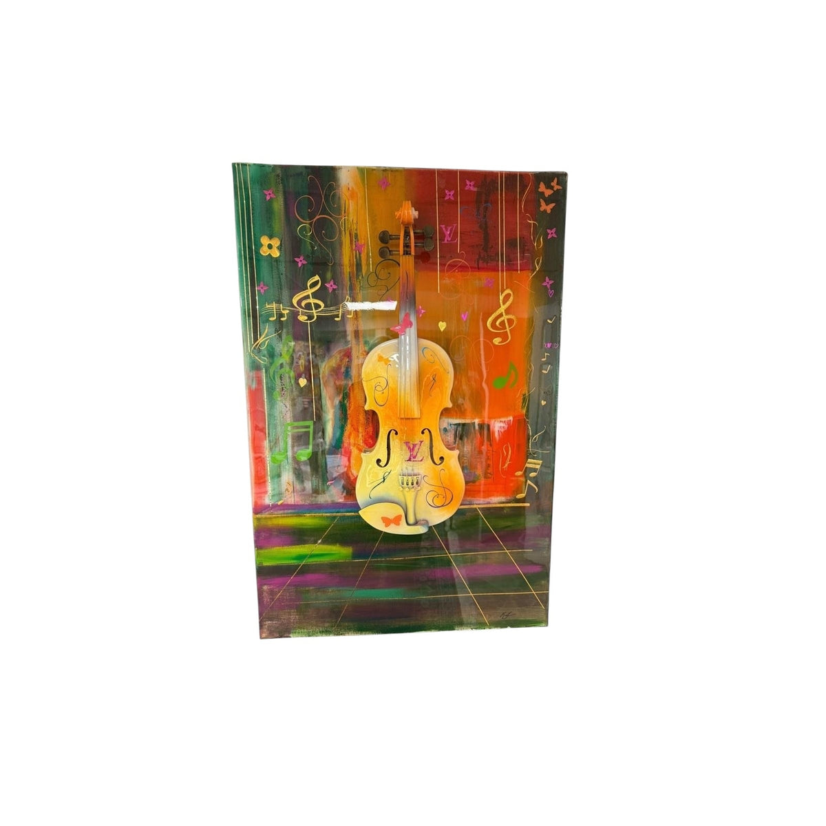 Original Mixed Media Violin Wall Art Abstract Music Painting Red Green Gold